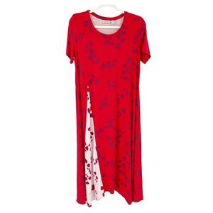Logo Lori Goldstein Floral Midi Dress Sz M Red Contrast Godet Scoop Neck Stretch